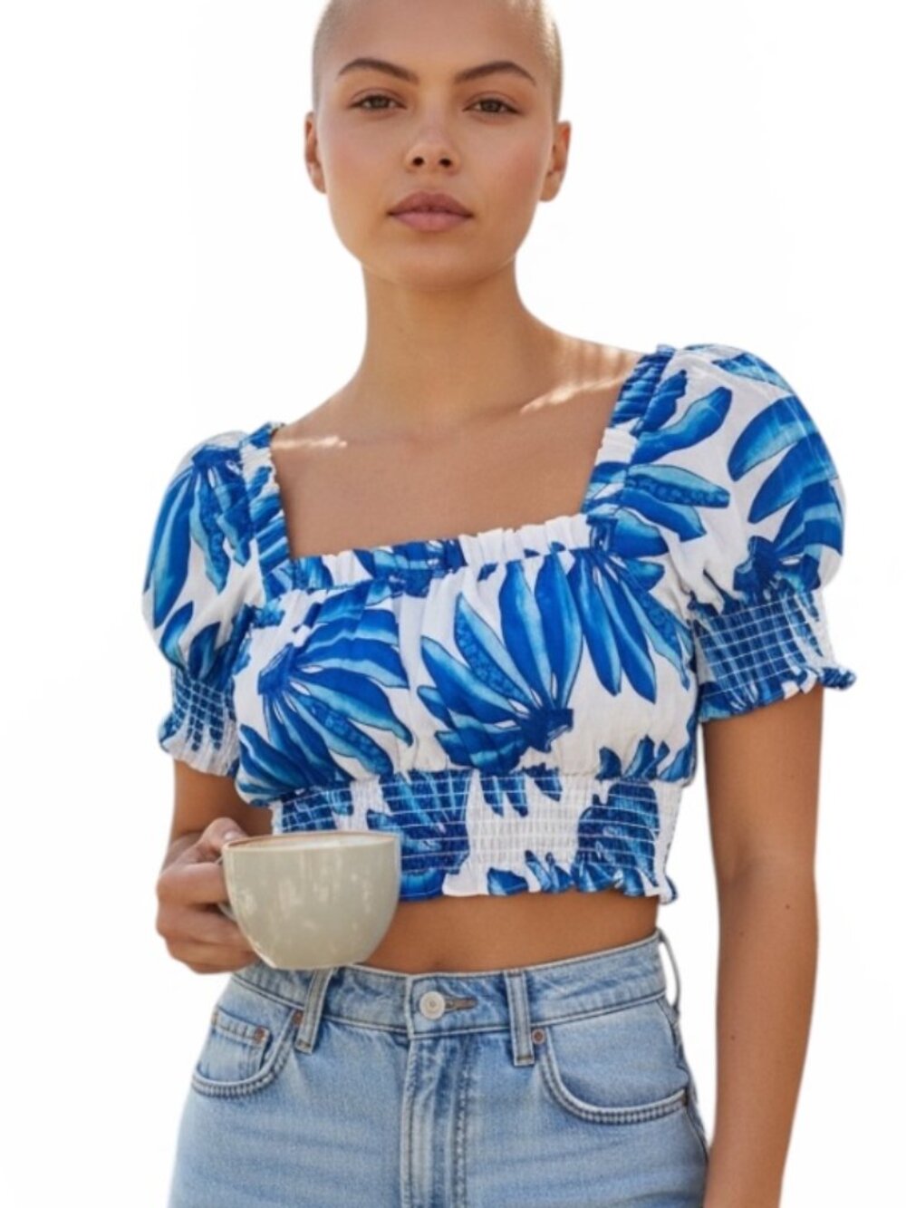 NWT HT 360 collective puffy sleeves blue banana crop top S